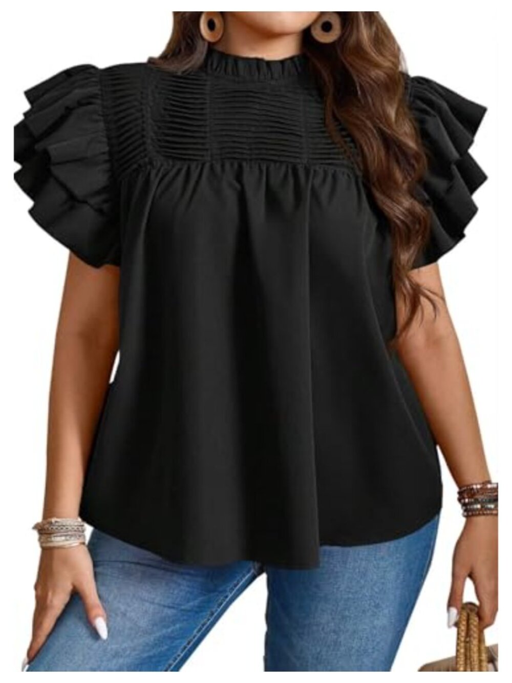 Women's Plus Size Ruffle Sleeve Pleated Tunic Blouse Loose Fit Mock Neck